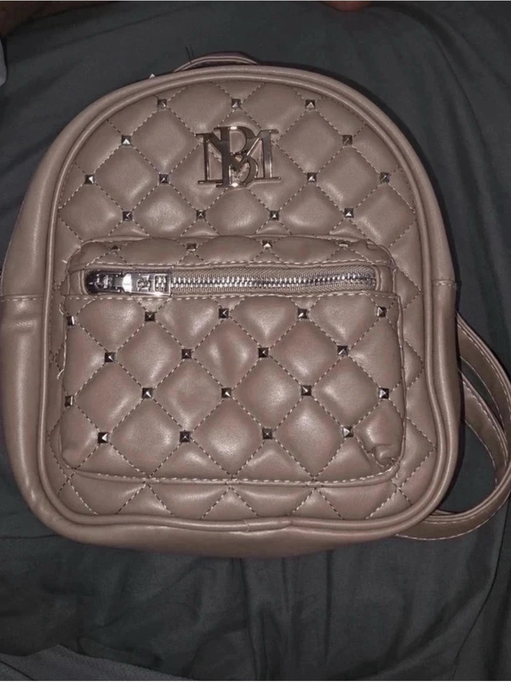 Badgley Mischka Quilted Taupe Small Backpack with Metal Logo